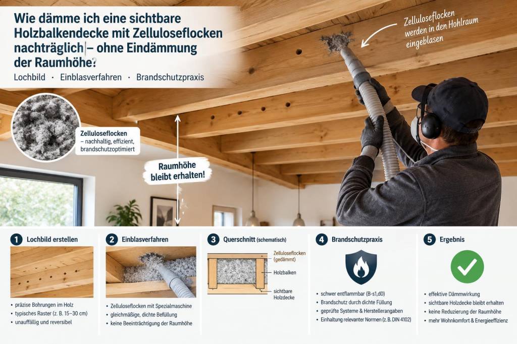 Wie dämme ich eine sichtbare holzbalkendecke mit celluloseflocken nachträglich ohne eindämmung der raumhöhe: lochbild, einblasverfahren und brandschutzpraxis